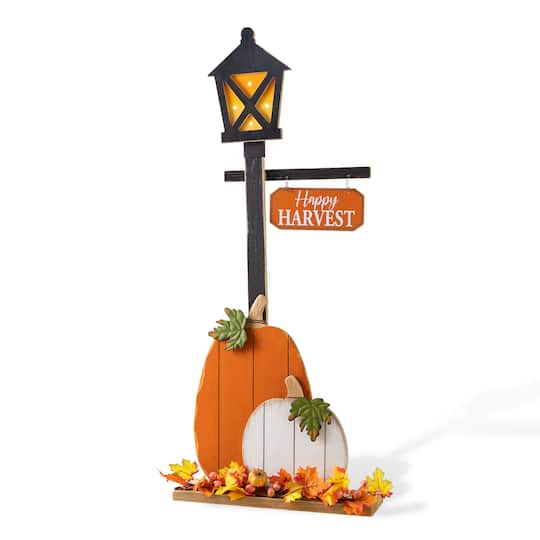Glitzhome® 36" Lighted Fall Wooden Pumpkin Lamp Post Porch Decor with Timer